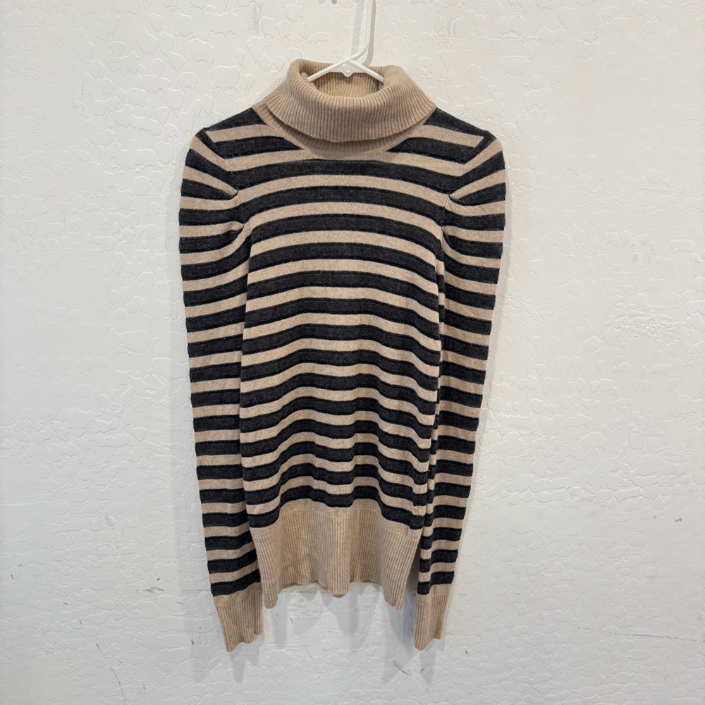 Mia Mia Striped Cashmere Sweater Womens 38 M/L Turtleneck Metallic Grey Tan